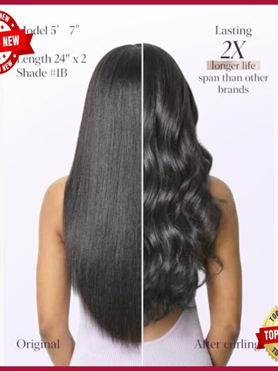 Seamless Clip-In Human Hair Extensions, 20 Inch Yaki Straight, 2 Pack